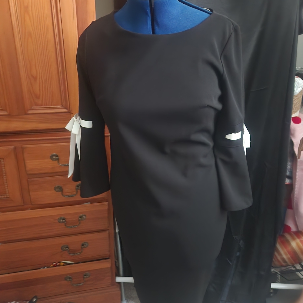 Calvin Klein Black Dress with White Sleeve Accents